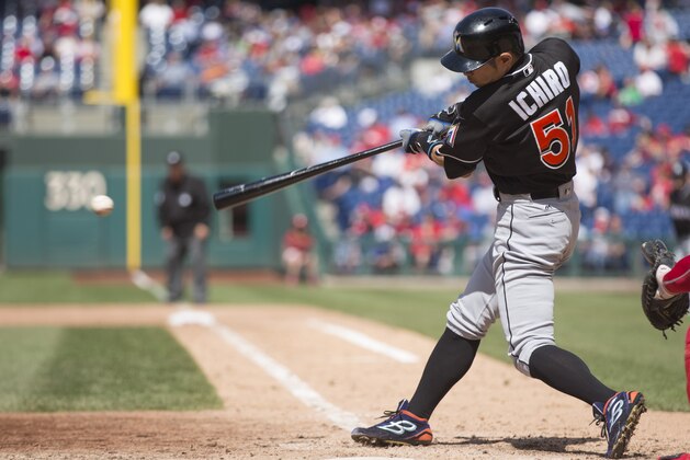 PHILADELPHIA, PA - MAY 18: Ichiro Suzuki #51 of the Miami Marlins hits a single in the top of the eighth inning against the Philadelphia Phillies at Citizens Bank Park on May 18, 2016 in Philadelphia, Pennsylvania. (Photo by Mitchell Leff/Getty Images)