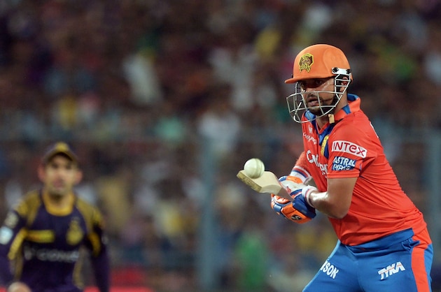 Gujarat Lions' captain  Suresh Raina plays a shot during the 2016 Indian Premier League (IPL) Twenty20 cricket match between Kolkata Knight Riders and Gujarat Lions at the Eden Gardens Cricket Stadium in Kolkata on May 8, 2016../ GETTYOUT / ----IMAGE RESTRICTED TO EDITORIAL USE - STRICTLY NO COMMERCIAL USE----- / GETTYOUT / AFP / Dibyangshu SARKAR        (Photo credit should read DIBYANGSHU SARKAR/AFP/Getty Images)