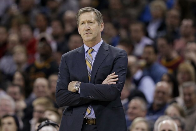 FILE - In this Jan. 27, 2016, file photo, Phoenix Suns coach Jeff Hornacek watches the team's NBA basketball game against the Cleveland Cavaliers in Cleveland. A person with knowledge of the details says the New York Knicks are working on a deal to hire Hornacek as their coach. Knicks President of Basketball Operations Phil Jackson has had discussions with the former Suns coach and there is mutual interest, but they have not begun negotiations on a contract, the person tells The Associated Press on condition of anonymity because details of the coaching search are private. (AP Photo/Tony Dejak, File)