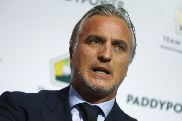 Former France soccer player David Ginola speaks at a press conference to launch his bid to challenge Sepp Blatter for the FIFA presidency, in London, Friday Jan. 16, 2015. 47-year-old Ginola has until Jan. 29 to show FIFA he has the support of five national associations, and he must also prove he has played an