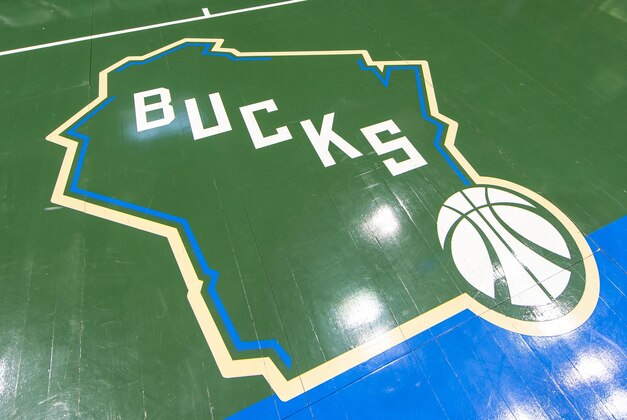 Mar 30, 2016; Milwaukee, WI, USA; The Milwaukee Bucks logo on the floor prior o the game against the Phoenix Suns at BMO Harris Bradley Center.  Milwaukee won 105-94.  Mandatory Credit: Jeff Hanisch-USA TODAY Sports