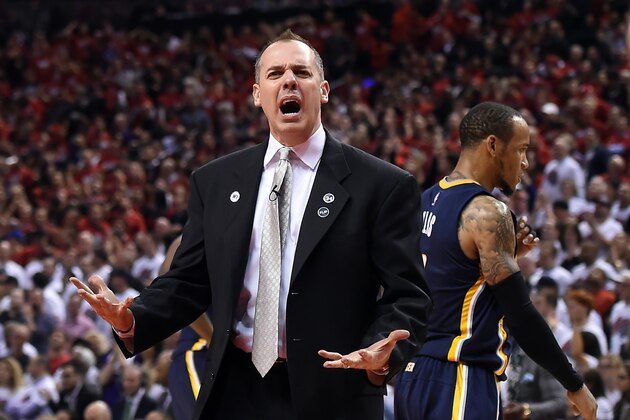 May 1, 2016; Toronto, Ontario, CAN;  Indiana Pacer head coach Frank Vogel reacts to a call during the Pacers 89-84 loss to Toronto Raptors in game seven of the first round of the 2016 NBA Playoffs at Air Canada Centre. Mandatory Credit: Dan Hamilton-USA TODAY Sports