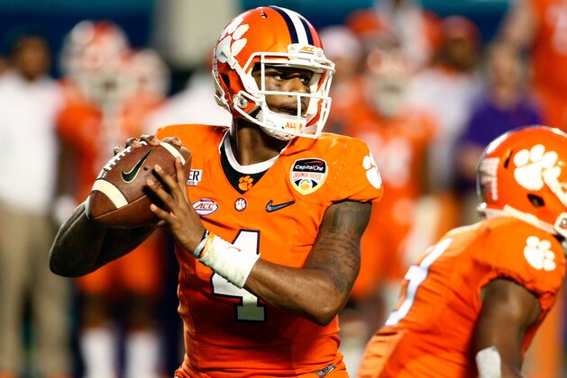Dec 31, 2015; Miami Gardens, FL, USA; Clemson Tigers quarterback Deshaun Watson (4) throws a pass against Oklahoma Sooners during the second quarter of the 2015 CFP semifinal at the Orange Bowl at Sun Life Stadium.  Mandatory Credit: Steve Mitchell-USA TODAY Sports