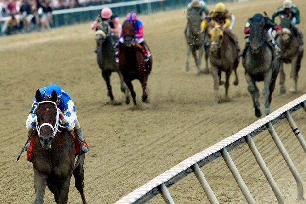 FILE- In this May 15, 2004, file photo, Smarty Jones, with Stewart Elliott aboard, leads the pack to win the Preakness at Pimlico race track on Saturday in Baltimore. Smarty Jones had the largest margin of victory at the Preakness. (AP Photo/Matt Houston, File) FILE- In this May 15, 2004, file photo, Smarty Jones, with Stewart Elliott aboard, leads the pack to win the Preakness at Pimlico race track on Saturday in Baltimore. Smarty Jones had the largest margin of victory at the Preakness. (AP Photo/Matt Houston, File)