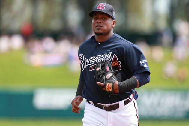 Mar 18, 2016; Lake Buena Vista, FL, USA; Atlanta Braves shortstop Erick Aybar (1) against the Miami Marlins at Champion Stadium. Mandatory Credit: Kim Klement-USA TODAY Sports