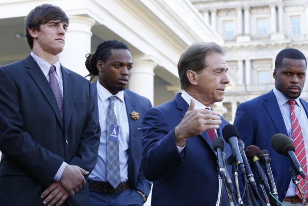 Mar 2, 2016; Washington, DC, USA; Alabama Crimson Tide head coach Nick Saban speaks at the stakeout position outside the West Wing after a ceremony honoring the 2015 national champion Crimson Tide in the East Room at the White House. Mandatory Credit: Geoff Burke-USA TODAY Sports