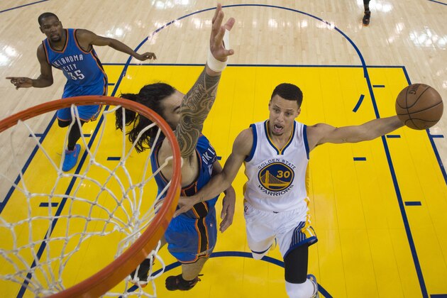 Golden State Warriors guard Stephen Curry (30) shoots against Oklahoma City Thunder center Steven Adams during the first half of Game 2 of the NBA basketball Western Conference finals in Oakland, Calif., Wednesday, May 18, 2016. The Warriors won 118-91. (Kyle Terada, USA TODAY Sports Images via AP, Pool)