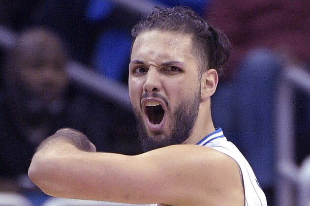 Orlando Magic guard Evan Fournier receives a technical foul for arguing a foul call with an official during the second half of an NBA basketball game against the Memphis Grizzlies in Orlando, Fla., Sunday, April 3, 2016. The Magic won 119-107. (AP Photo/Phelan M. Ebenhack)