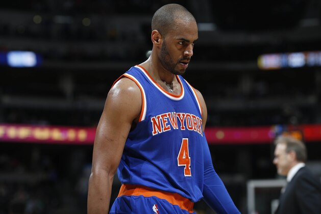 New York Knicks guard Arron Afflalo (4) in the second half of an NBA basketball game Tuesday, March 8, 2016, in Denver. The Nuggets won 110-94. (AP Photo/David Zalubowski)