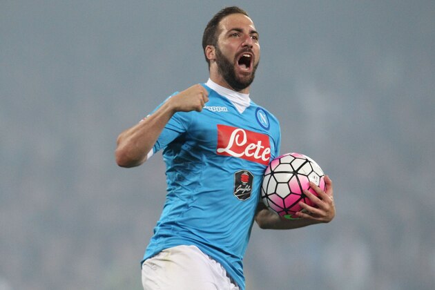 TOPSHOT - Napoli's Argentinian-French forward Gonzalo Higuain celebrates after scoring his third goal during the Italian Serie A football match SSC Napoli vs Frosinone Calcio on May 14 2016 at the San Paolo stadium in Naples.
Napoli won the match 4-0. / AFP / CARLO HERMANN (Photo credit should read CARLO HERMANN/AFP/Getty Images) TOPSHOT - Napoli's Argentinian-French forward Gonzalo Higuain celebrates after scoring his third goal during the Italian Serie A football match SSC Napoli vs Frosinone Calcio on May 14 2016 at the San Paolo stadium in Naples.
Napoli won the match 4-0. / AFP / CARLO HERMANN (Photo credit should read CARLO HERMANN/AFP/Getty Images)