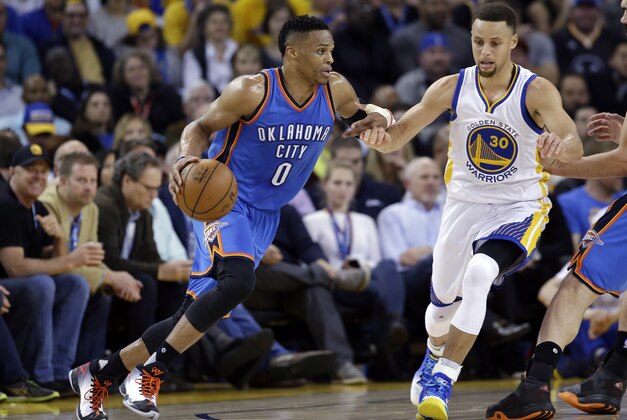 Oklahoma City Thunder's Russell Westbrook during an NBA basketball game against the Golden State Warriors' Stephen Curry (30)  Thursday, March 3, 2016, in Oakland, Calif. (AP Photo/Marcio Jose Sanchez)