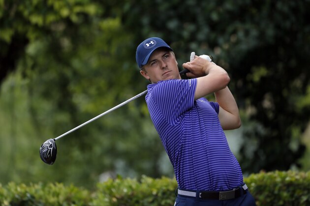 Jordan Spieth hits off of the first tee during the opening round of the Byron Nelson golf tournament, Thursday, May 19, 2016, in Irving, Texas. (AP Photo/Tony Gutierrez)