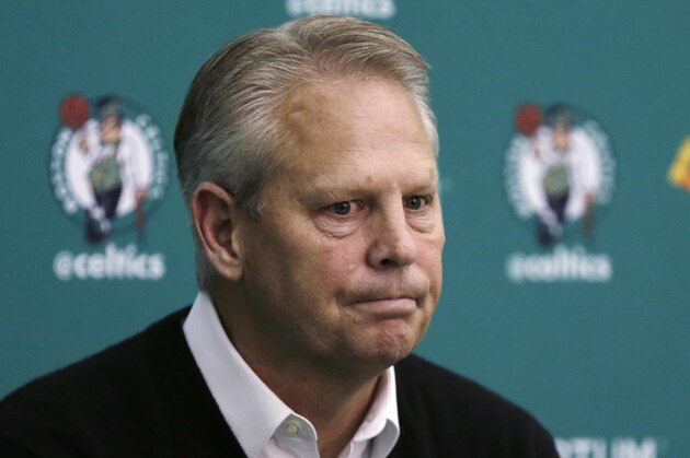 Boston Celtics President of Basketball Operations Danny Ainge pauses while answering a reporter's question at the baskeball team's training facility in Waltham, Mass., Tuesday, May 17, 2016. The team was awarded the third NBA draft pick in the lottery. The Celtics have never won the first pick in the draft. (AP Photo/Charles Krupa)