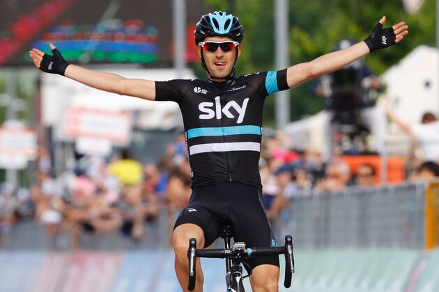 Spain's Mikel Nieve of team Sky celebrates as he crosses the finish to win the 13th stage of the 99th Giro d'Italia, Tour of Italy, from Palmanova and Cividale del Friuli on May 20, 2016.  The overall pink leader's jersey switched hands again after a tough mountain run as Movistar's Costa Rican rider Andrey Amador finished alongside race favourites and climb kings Vicenzo Nibali and Alessandro Valverde.  AFP PHOTO / LUK BENIES / AFP / LUK BENIES        (Photo credit should read LUK BENIES/AFP/Getty Images)