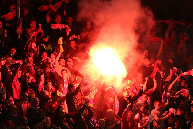 BASEL, SWITZERLAND - MAY 18:  Liverpool fans celebrate during the UEFA Europa League Final between Liverpool and Sevilla at St. Jakob-Park on May 18, 2016 in Basel, Switzerland.  (Photo by Matthew Ashton - AMA/Getty Images)