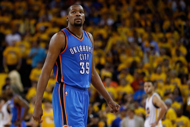 OAKLAND, CA - MAY 16:  Kevin Durant #35 of the Oklahoma City Thunder during game one of the NBA Western Conference Finals against the Golden State Warriors at ORACLE Arena on May 16, 2016 in Oakland, California. The Thunder defeated the Warriors 108-102. NOTE TO USER: User expressly acknowledges and agrees that, by downloading and or using this photograph, User is consenting to the terms and conditions of the Getty Images License Agreement.  (Photo by Christian Petersen/Getty Images)