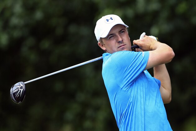 May 20, 2016; Irving, TX, USA; Jordan Spieth plays his shot from the first tee during the second round of the 2016 AT&T Byron Nelson golf tournament at TPC Four Seasons Resort - Las Colinas. Mandatory Credit: Kevin Jairaj-USA TODAY Sports
