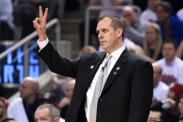 May 1, 2016; Toronto, Ontario, CAN;  Indiana Pacers head coach Frank Vogel gestures during first half play against Toronto Raptors in game seven of the first round of the 2016 NBA Playoffs at Air Canada Centre. Mandatory Credit: Dan Hamilton-USA TODAY Sports