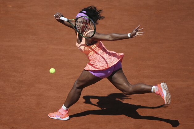 FILE - In this June 6, 2015, file photo, Serena Williams returns in the final of the French Open tennis tournament against Lucie Safarova of the Czech Republic at Roland Garros stadium, in Paris, France. The French Open begins on Sunday, May 22, 2016. (AP Photo/David Vincent, File)