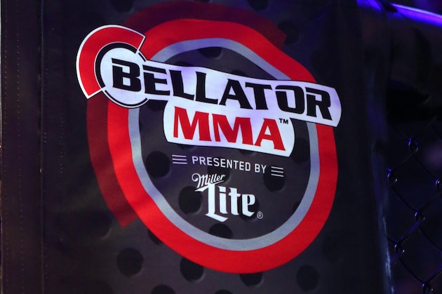 A Bellator MMA and Spike TV logo are seen at Bellator 134 on Friday, Feb. 27, 2015, in Uncasville, CT.   (AP Photo/Gregory Payan)