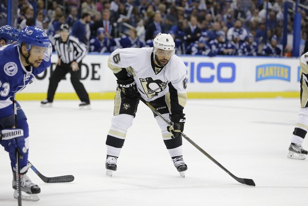Pittsburgh Penguins defenseman Trevor Daley (6) waits for the puck to drop during the first period of Game 3 of the NHL hockey Stanley Cup Eastern Conference Finals  Tampa Bay Lightning, Wednesday, May 18, 2016, in Tampa, Fla. (AP Photo/Chris O'Meara)