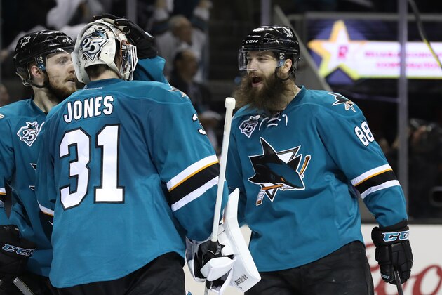 SAN JOSE, CA - MAY 19:  Martin Jones #31 of the San Jose Sharks celebrates with Brent Burns #88 after their 3-0 win over the St. Louis Blues in game three of the Western Conference Finals during the 2016 NHL Stanley Cup Playoffs at SAP Center on May 19, 2016 in San Jose, California.  (Photo by Sean M. Haffey/Getty Images)