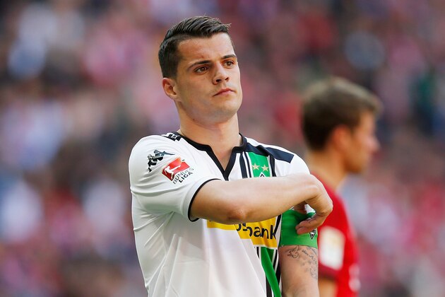 MUNICH, GERMANY - APRIL 30:  Granit Xhaka of Borussia Moenchengladbach reacts during the Bundesliga match between Bayern Muenchen and Borussia Moenchengladbach at Allianz Arena on April 30, 2016 in Munich, Germany.  (Photo by Boris Streubel/Getty Images)