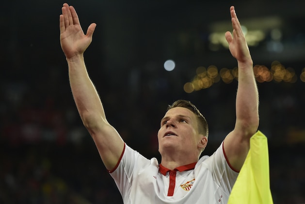 Sevilla's French forward Kevin Gameiro  celebrates after scoring a goal  during the UEFA Europa League final football match between Liverpool FC and Sevilla FC at the St Jakob-Park stadium in Basel, on May 18, 2016.   AFP PHOTO / MICHAEL BUHOLZER / AFP / MICHAEL BUHOLZER        (Photo credit should read MICHAEL BUHOLZER/AFP/Getty Images)