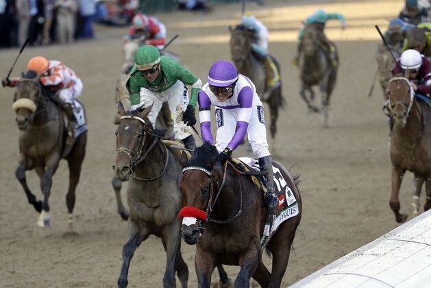 FILE - In this May 7, 2016, file photo, jockey Mario Gutierrez rides Nyquist, center, to victory ahead of Exaggerator, front left, ridden by Kent Desormeaux, in the 142nd running of the Kentucky Derby horse race at Churchill Downs in Louisville, Ky. The Desormeaux brothers, Exaggerator's trainer and jockey, still think they can beat Nyquist. They'll get their chance on Saturday, in the Preakness Stakes. (AP Photo/David J. Phillip, File) FILE - In this May 7, 2016, file photo, jockey Mario Gutierrez rides Nyquist, center, to victory ahead of Exaggerator, front left, ridden by Kent Desormeaux, in the 142nd running of the Kentucky Derby horse race at Churchill Downs in Louisville, Ky. The Desormeaux brothers, Exaggerator's trainer and jockey, still think they can beat Nyquist. They'll get their chance on Saturday, in the Preakness Stakes. (AP Photo/David J. Phillip, File)