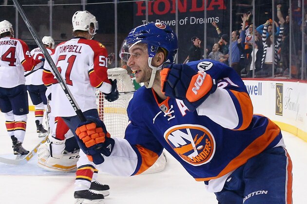 NEW YORK, NEW YORK - APRIL 17: Frans Nielsen #51 of the New York Islanders celebrates his powerplay goal at 16:55 of the second period against the Florida Panthers during Game Three of the Eastern Conference Quarterfinals during the 2015 NHL Stanley Cup Playoffs at the Barclays Center on April 17, 2016 in the Brooklyn borough of New York City.  (Photo by Bruce Bennett/Getty Images)