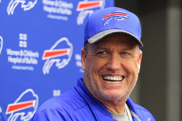 Buffalo Bills head coach Rex Ryan has a laugh while speaking to the media during their NFL football rookie minicamp in Orchard Park, N.Y., Friday, May 6, 2016. (AP Photo/Bill Wippert)