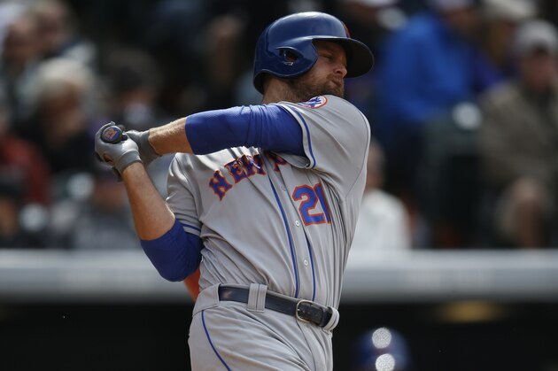 New York Mets first baseman Lucas Duda (21) in the sixth inning of a baseball game Sunday, May 15, 2016, in Denver. Colorado won 4-3. (AP Photo/David Zalubowski)