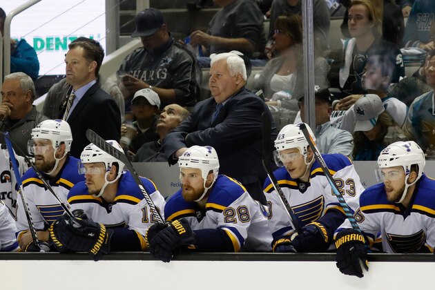 SAN JOSE, CA - MAY 21:  Ken Hitchcock of the St. Louis Blues looks on from the bench in game four of the Western Conference Finals against the San Jose Sharks during the 2016 NHL Stanley Cup Playoffs at SAP Center on May 21, 2016 in San Jose, California.  (Photo by Christian Petersen/Getty Images)