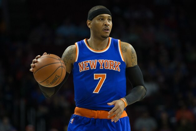 Apr 8, 2016; Philadelphia, PA, USA; New York Knicks forward Carmelo Anthony (7) against the Philadelphia 76ers at Wells Fargo Center. The New York Knicks won 109-102. Mandatory Credit: Bill Streicher-USA TODAY Sports