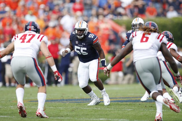 AUBURN, AL - OCTOBER 31: Carl Lawson #55 of the Auburn Tigers in action during a game against the Ole Miss Rebels at Jordan-Hare Stadium on October 31, 2015 in Auburn, Alabama. Ole Miss defeated Auburn 27-19. (Photo by Joe Robbins/Getty Images)