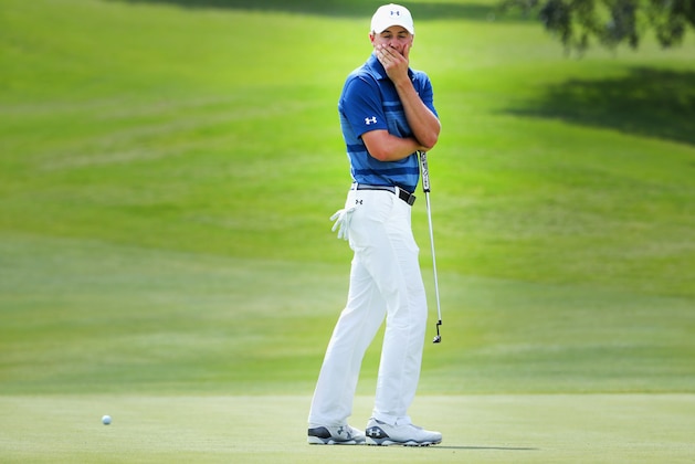 IRVING, TX - MAY 22:  Jordan Spieth reacts to a missed putt on the 12th green during the Final Round at AT&T Byron Nelson on May 22, 2016 in Irving, Texas.  (Photo by Tom Pennington/Getty Images)