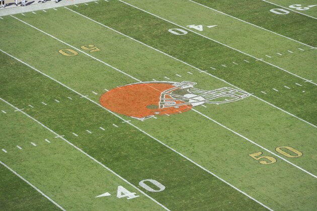 A general view of the 50-yard line and the Cleveland Browns helmet logo during an NFL football game between the Cleveland Browns and the Tennessee Titans Sunday, Sept. 20, 2015, in Cleveland. The Browns won 28-14. (AP Photo/David Richard)