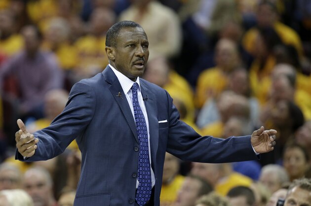 Toronto Raptors head coach Dwane Casey reacts against the Cleveland Cavaliers during the first half of Game 1 of the NBA basketball Eastern Conference finals, Tuesday, May 17, 2016, in Cleveland. (AP Photo/Tony Dejak)