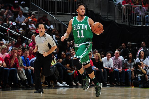 ATLANTA, GA - APRIL 26:  Evan Turner #11 of the Boston Celtics brings the ball up court against the Atlanta Hawks in Game Five of the Eastern Conference Quarterfinals during the 2016 NBA Playoffs on April 26, 2016 at Philips Arena in Atlanta, Georgia.  NOTE TO USER: User expressly acknowledges and agrees that, by downloading and/or using this Photograph, user is consenting to the terms and conditions of the Getty Images License Agreement. Mandatory Copyright Notice: Copyright 2016 NBAE (Photo by Scott Cunningham/NBAE via Getty Images)