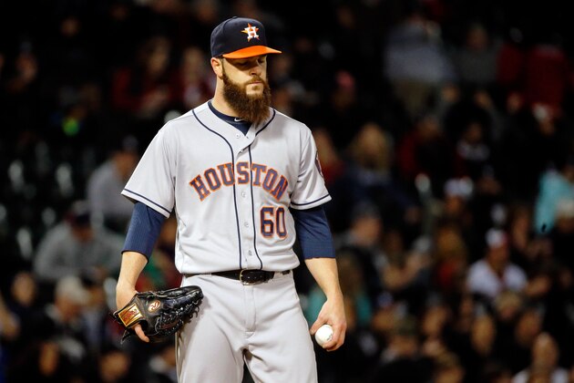 CHICAGO, IL - MAY 17: Dallas Keuchel #60 of the Houston Astros reacts after giving up a second run against the Chicago White Sox during the fifth inning at U.S. Cellular Field on May 17, 2016 in Chicago, Illinois.  (Photo by Jon Durr/Getty Images)