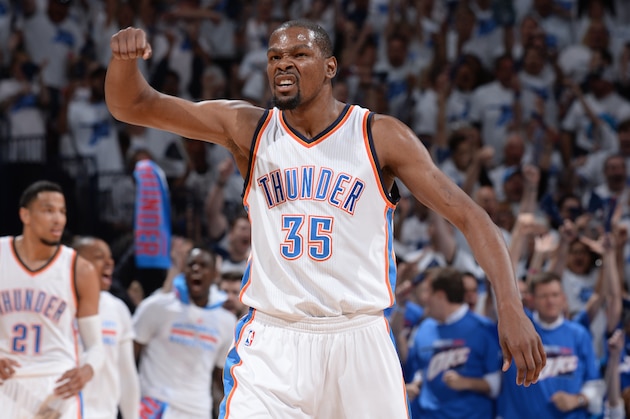 OKLAHOMA CITY, OK - MAY 22:  Kevin Durant #35 of the Oklahoma City Thunder celebrates a play against the Golden State Warriors in Game Three of the Western Conference Finals during the 2016 NBA Playoffs on May 22, 2016 at Chesapeake Energy Arena in Oklahoma City, Oklahoma. NOTE TO USER: User expressly acknowledges and agrees that, by downloading and or using this photograph, User is consenting to the terms and conditions of the Getty Images License Agreement. Mandatory Copyright Notice: Copyright 2016 NBAE (Photo by Andrew D. Bernstein/NBAE via Getty Images)