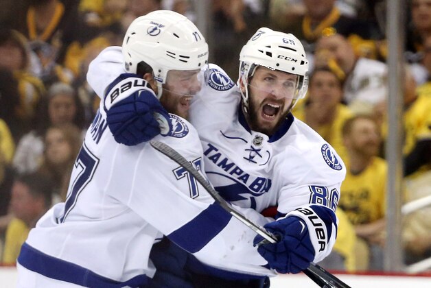 May 22, 2016; Pittsburgh, PA, USA; Tampa Bay Lightning defenseman Victor Hedman (77) congratulates right wing Nikita Kucherov (86) on his game tying goal against the Pittsburgh Penguins during the third period in game five of the Eastern Conference Final of the 2016 Stanley Cup Playoffs at the CONSOL Energy Center. Mandatory Credit: Charles LeClaire-USA TODAY Sports