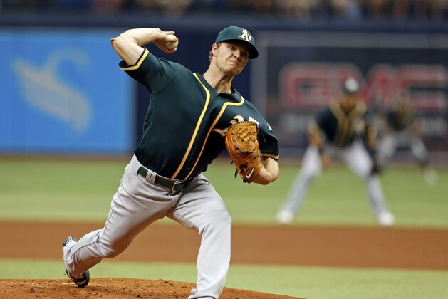 Oakland Athletics starting pitcher Sonny Gray throws during the first inning of a baseball game against the Tampa Bay Rays Sunday, May 15, 2016, in St. Petersburg, Fla. (AP Photo/Mike Carlson)