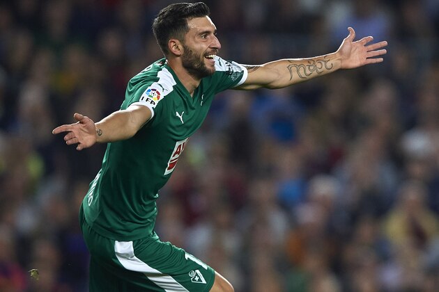 BARCELONA, SPAIN - OCTOBER 25:  Borja Gonzalez Tomas 'Baston'  of Eibar celebrates scoring his team's first goal during the La Liga match between FC Barcelona and SD Eibar at Camp Nou Stadium on October 25, 2015 in Barcelona, Spain.  (Photo by Manuel Queimadelos Alonso/Getty Images)