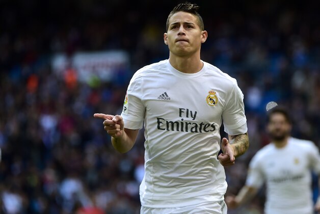 Real Madrid's Colombian midfielder James Rodriguez celebrates a goal during the Spanish league football match Real Madrid CF vs SD Eibar at the Santiago Bernabeu stadium in Madrid on April 9, 2016. / AFP / PIERRE-PHILIPPE MARCOU        (Photo credit should read PIERRE-PHILIPPE MARCOU/AFP/Getty Images)