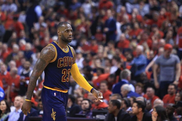 TORONTO, ON - MAY 21:  LeBron James #23 of the Cleveland Cavaliers walks off the court during a timeout in the first half in game three of the Eastern Conference Finals during the 2016 NBA Playoffs at Air Canada Centre on May 21, 2016 in Toronto, Canada.  (Photo by Vaughn Ridley/Getty Images)