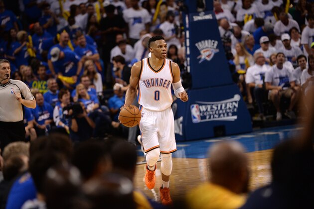 OKLAHOMA CITY, OK - MAY 22: Russell Westbrook #0 of the Oklahoma City Thunder handles the ball during the game against the Golden State Warriors in Game Three of the Western Conference Finals during the 2016 NBA Playoffs on May 22, 2016 at the Chesapeake Energy Arena in Oklahoma City, Oklahoma. NOTE TO USER: User expressly acknowledges and agrees that, by downloading and or using this Photograph, user is consenting to the terms and conditions of the Getty Images License Agreement. Mandatory Copyright Notice: Copyright 2016 NBAE (Photo by Noah Graham/NBAE via Getty Images)