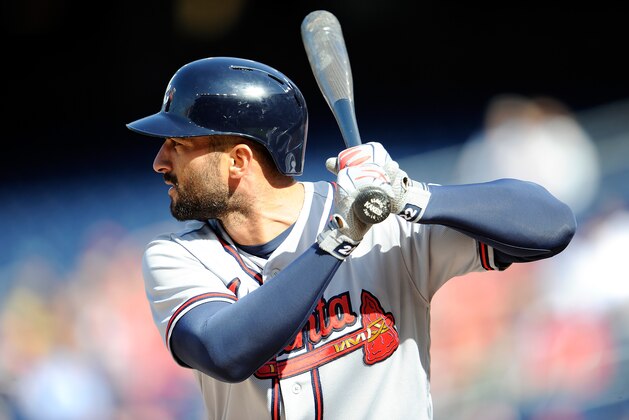 WASHINGTON, DC - APRIL 14:  Nick Markakis #22 of the Atlanta Braves bats against the Washington Nationals at Nationals Park on April 14, 2016 in Washington, DC.  (Photo by G Fiume/Getty Images)