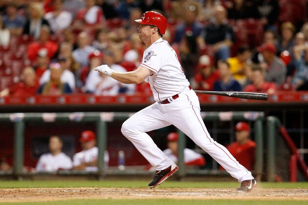 CINCINNATI, OH - MAY 19:  Jay Bruce #32 of the Cincinnati Reds hits the ball during the game against the Cleveland Indians at Great American Ball Park on May 19, 2016 in Cincinnati, Ohio. (Photo by Kirk Irwin/Getty Images)