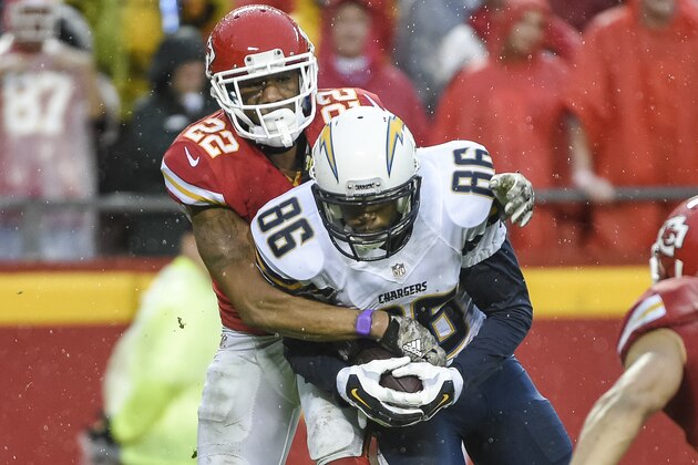 San Diego Chargers wide receiver Vincent Brown (86) is tackled by Kansas City Chiefs cornerback Marcus Peters (22) during the second half of their NFL football game in Kansas City, Mo., Sunday, Dec. 13, 2015. (AP Photo/Reed Hoffmann)